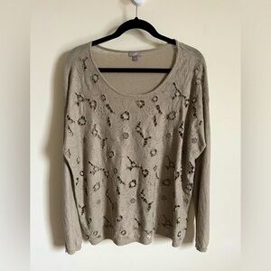 J. Jill Beige Linen Blend Eyelet Floral Scoop Neck Lightweight Sweater/Top Sz L